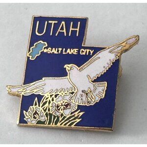 Vintage State Utah Salt Lake City Logo Souvenir Pin Bird Seagull Flowers Enamel
